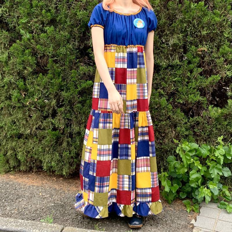 画像1: (SALE)Vintage Sears plaid patchwork pattern long dress