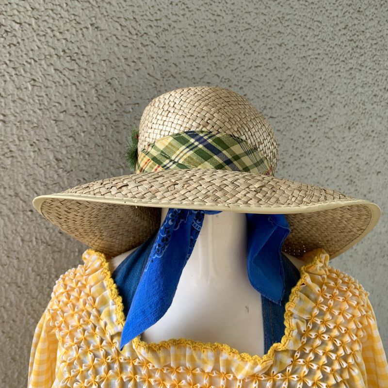 画像: Vintage plaid ribbon straw hat