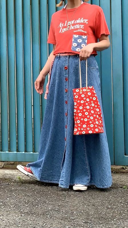 画像: Vintage rope belt&red button denim skirt