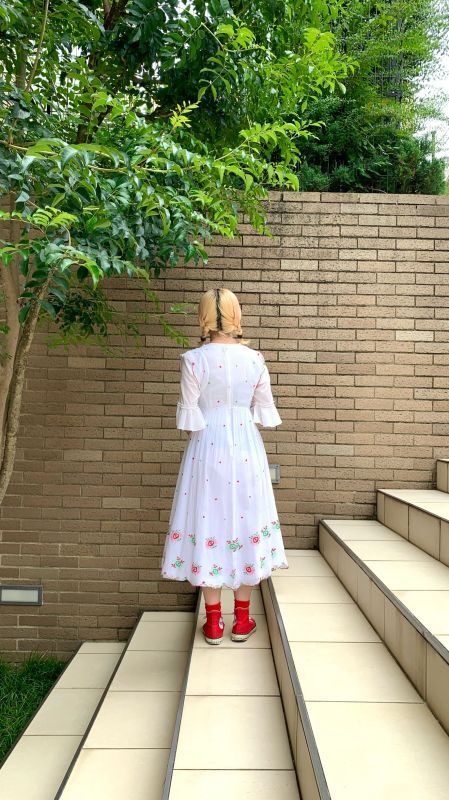 画像: 60'S Vintage dot&flower embroidery ribbon dress