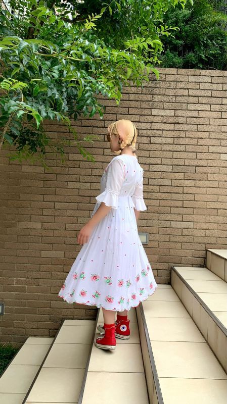 画像: 60'S Vintage dot&flower embroidery ribbon dress