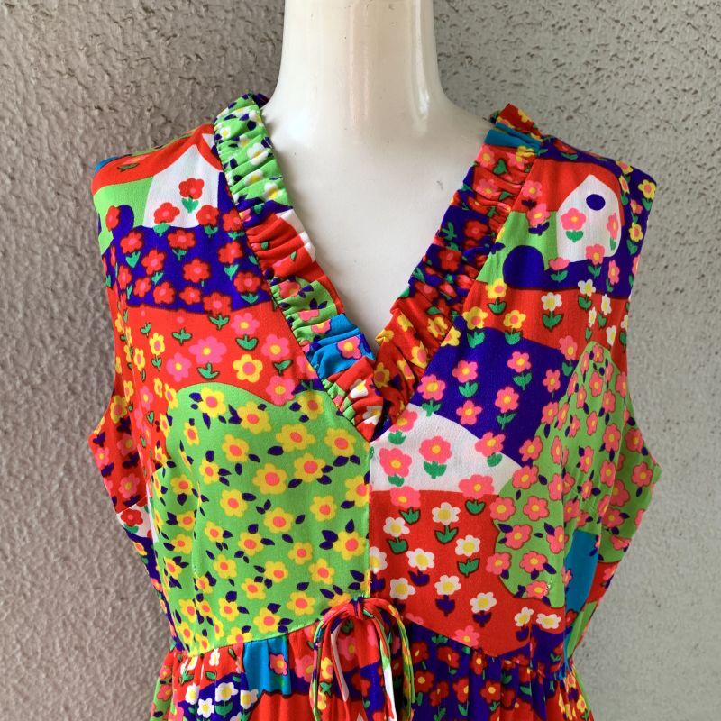 画像: Vintage flower&house patchwork pattern sleeveless dress