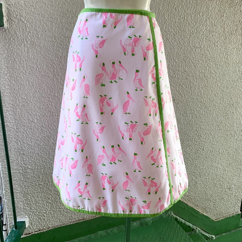 画像: Vintage pink lightgreen stork printed wrap skirt