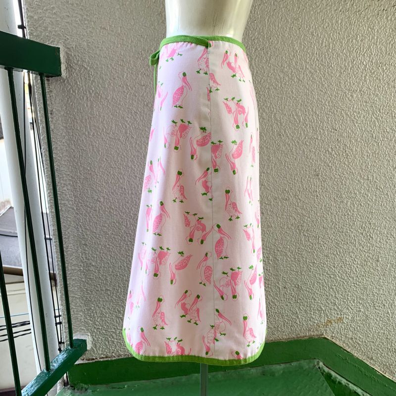 画像: Vintage pink lightgreen stork printed wrap skirt