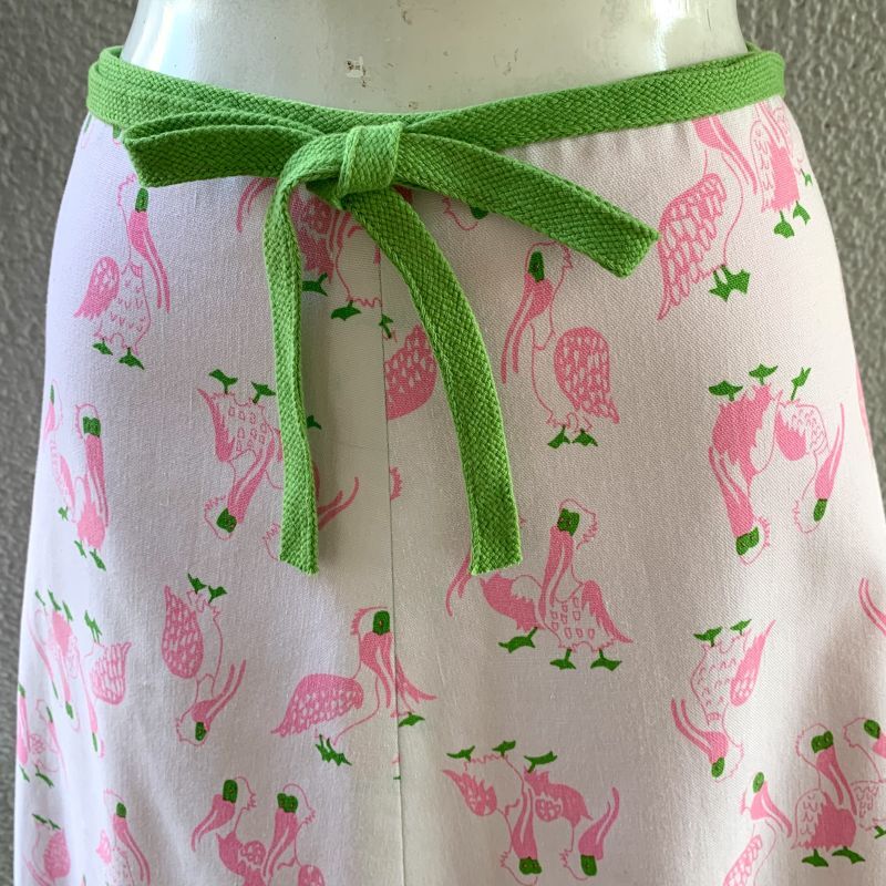 画像: Vintage pink lightgreen stork printed wrap skirt