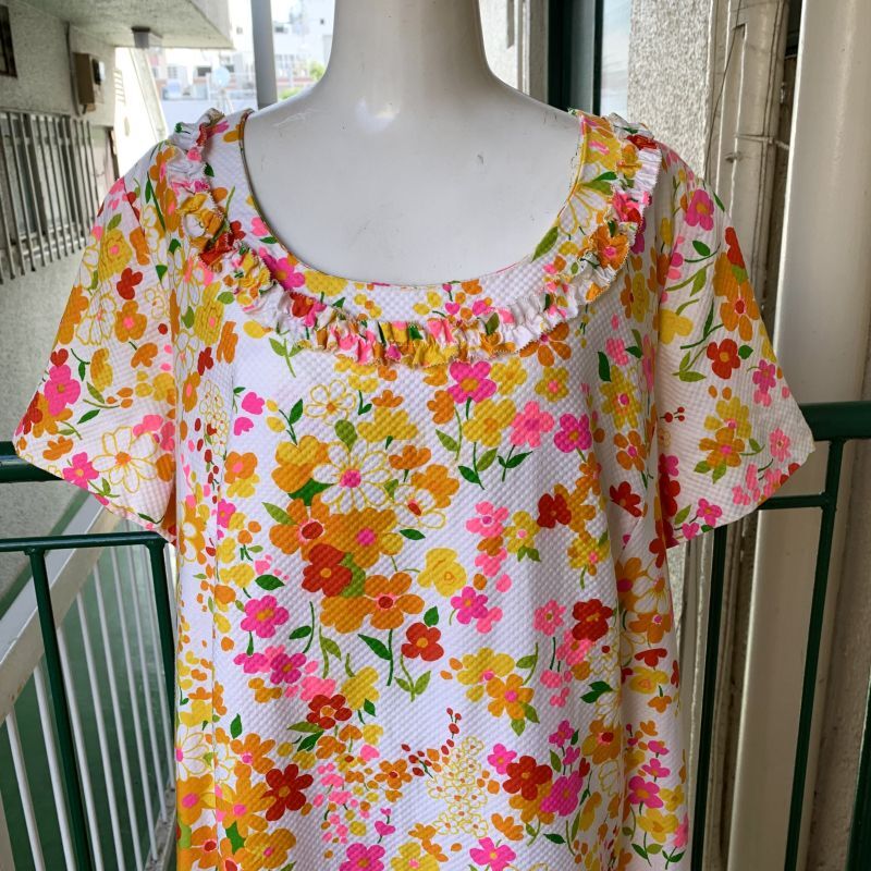 画像: Vintage colorful flower printed frill line dress