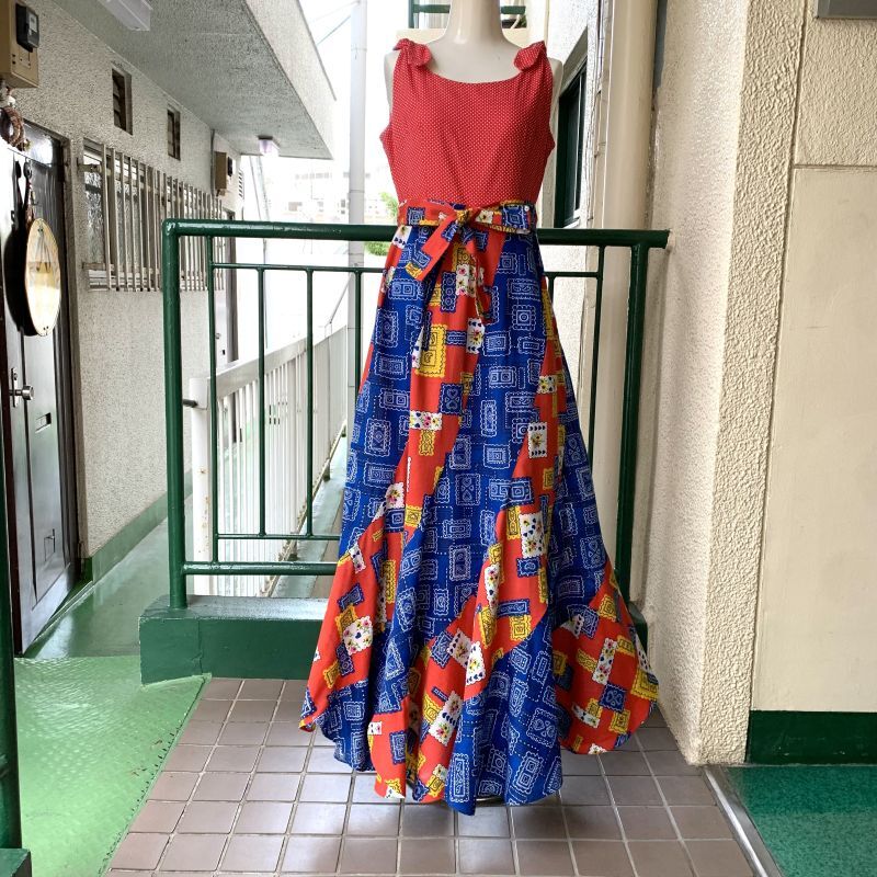 画像: Vintage pin dot bandana flower printed patchwork escargot dress