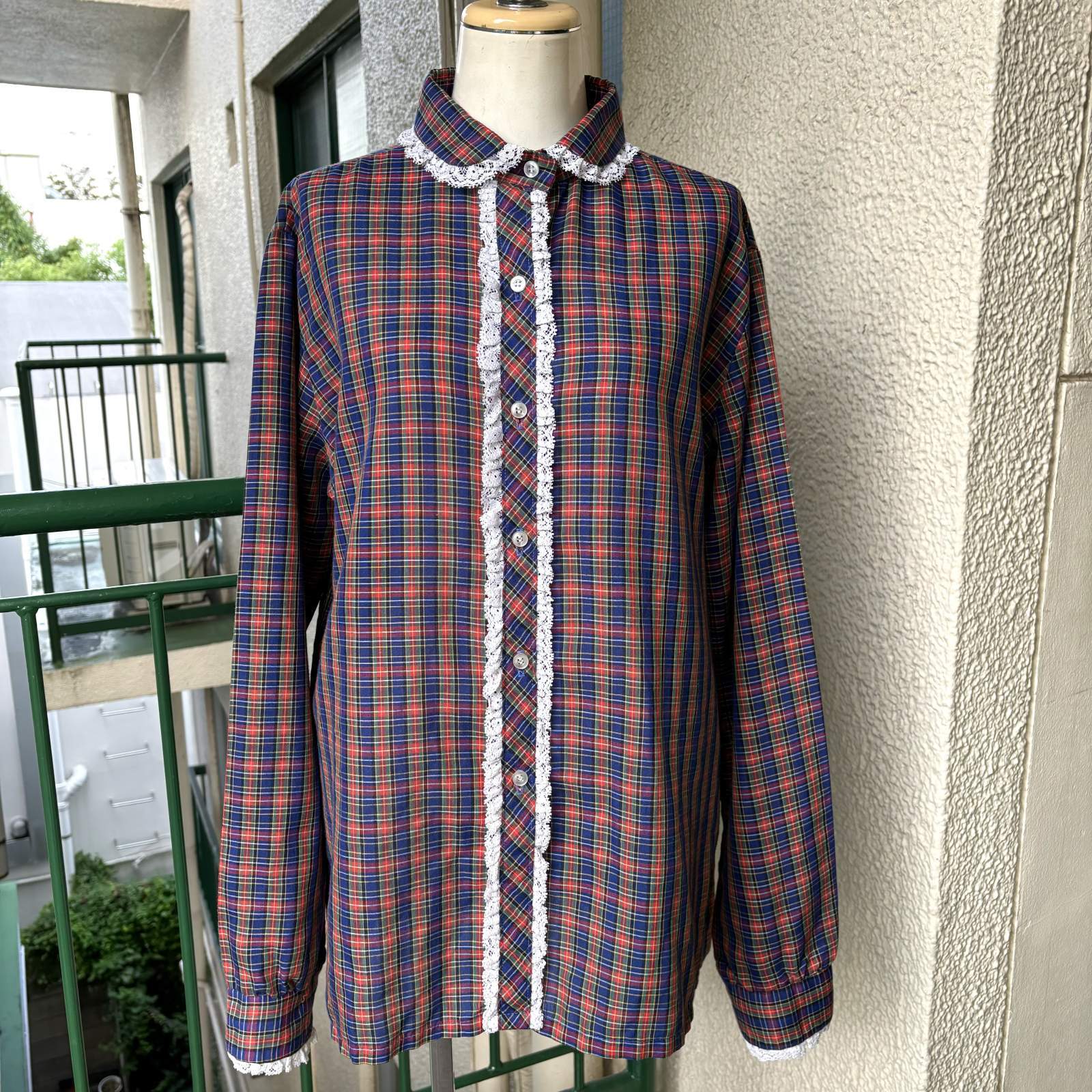 画像: Vintage flower lace tartan blouse