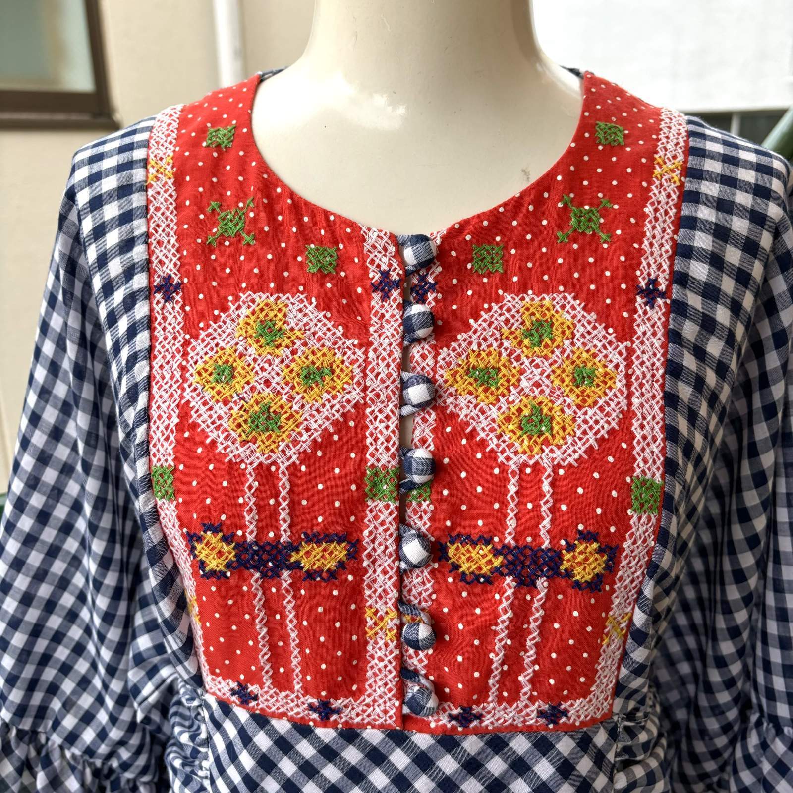 画像: Vintage cross stitch navy checkered ruffle sleeves dress