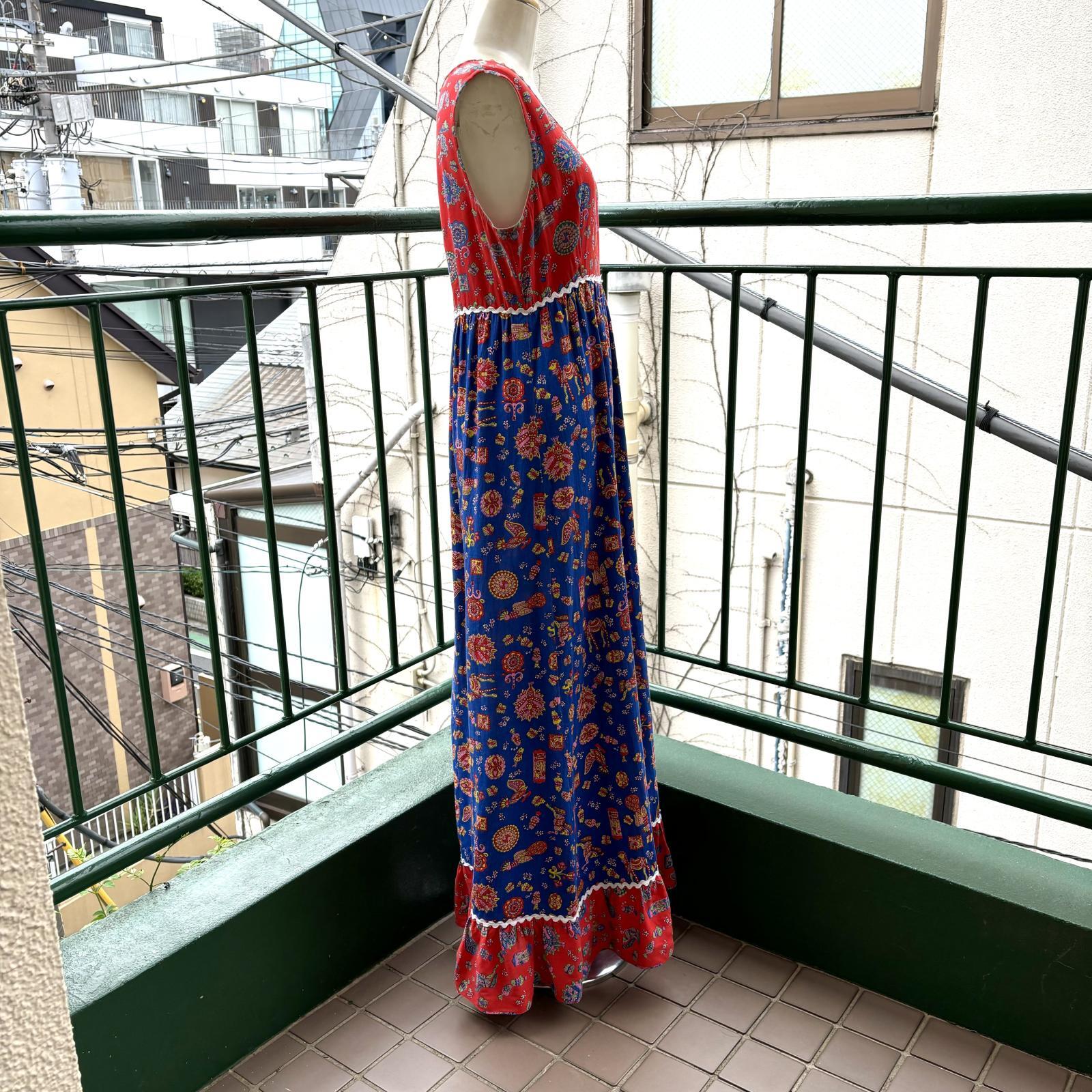 画像: Vintage camel&fish&butterfly&bird&flower printed sleeveless dress