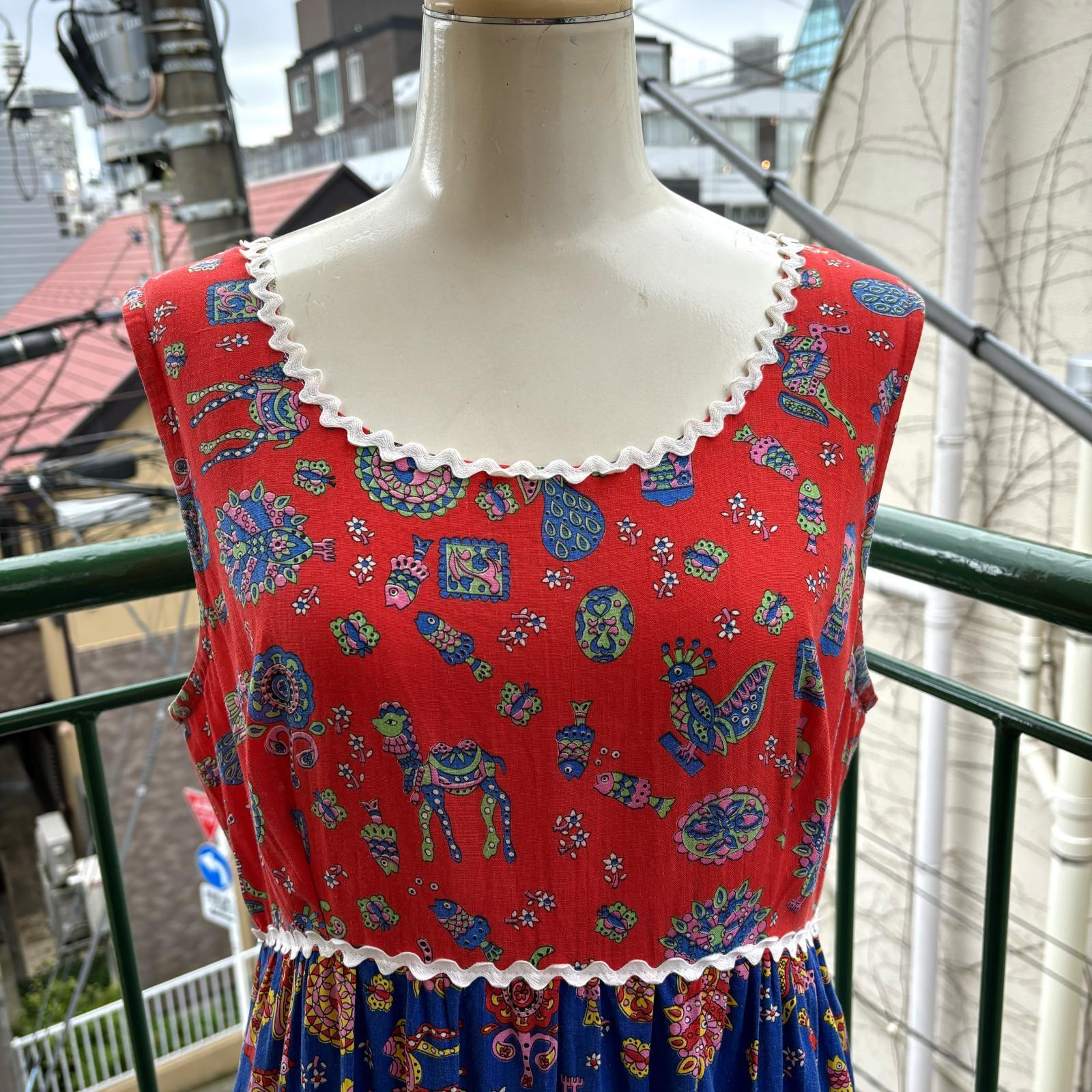 画像: Vintage camel&fish&butterfly&bird&flower printed sleeveless dress