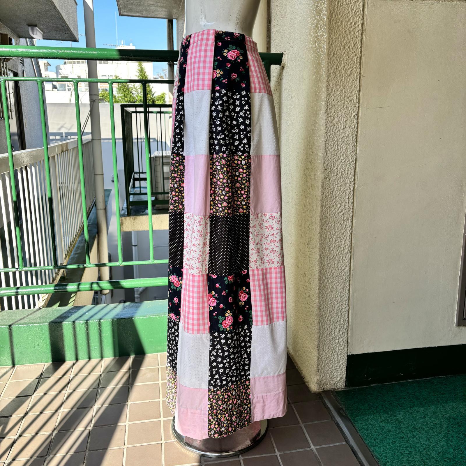 画像: Vintage pk/wh/bk patchwork long skirt